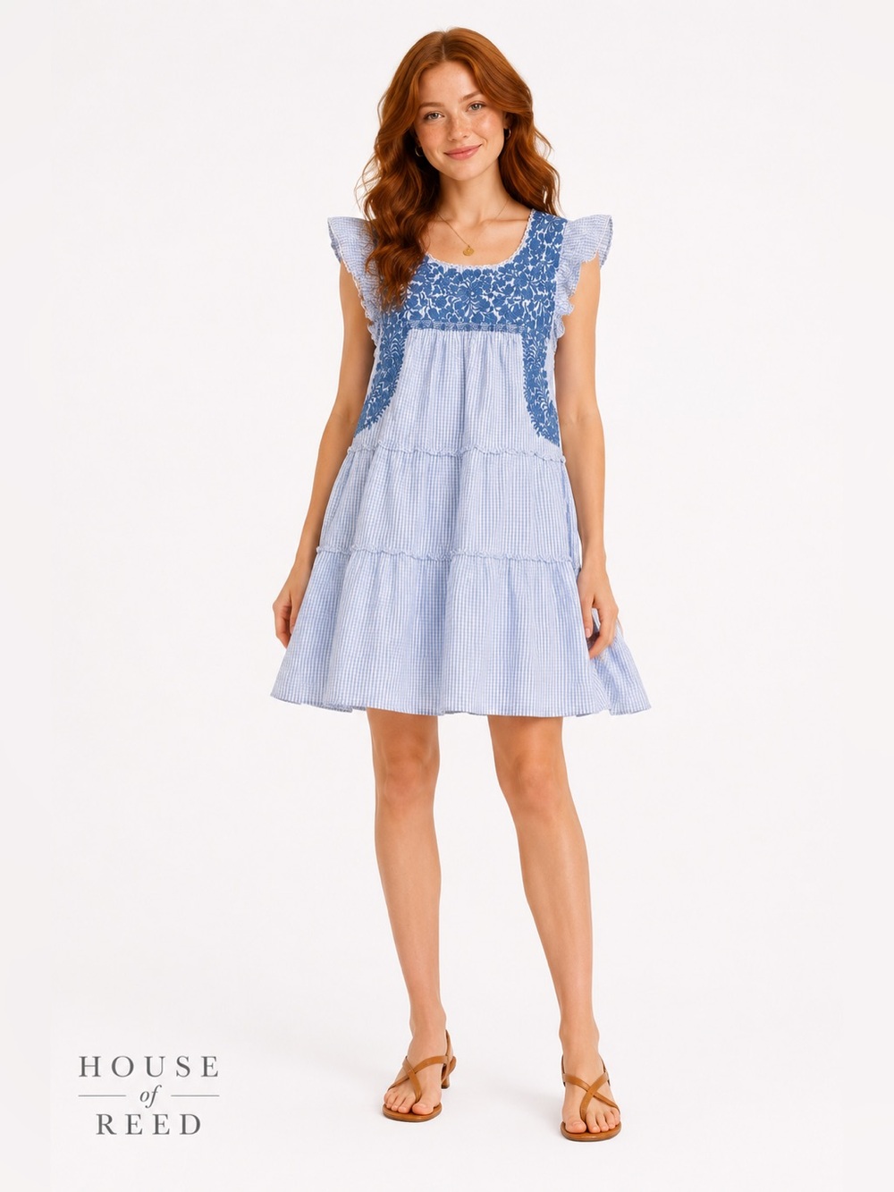J. Marie Blue Gingham‎ Embroidered Tiered Mini Dress XS Cottagecore Boho Cotton
